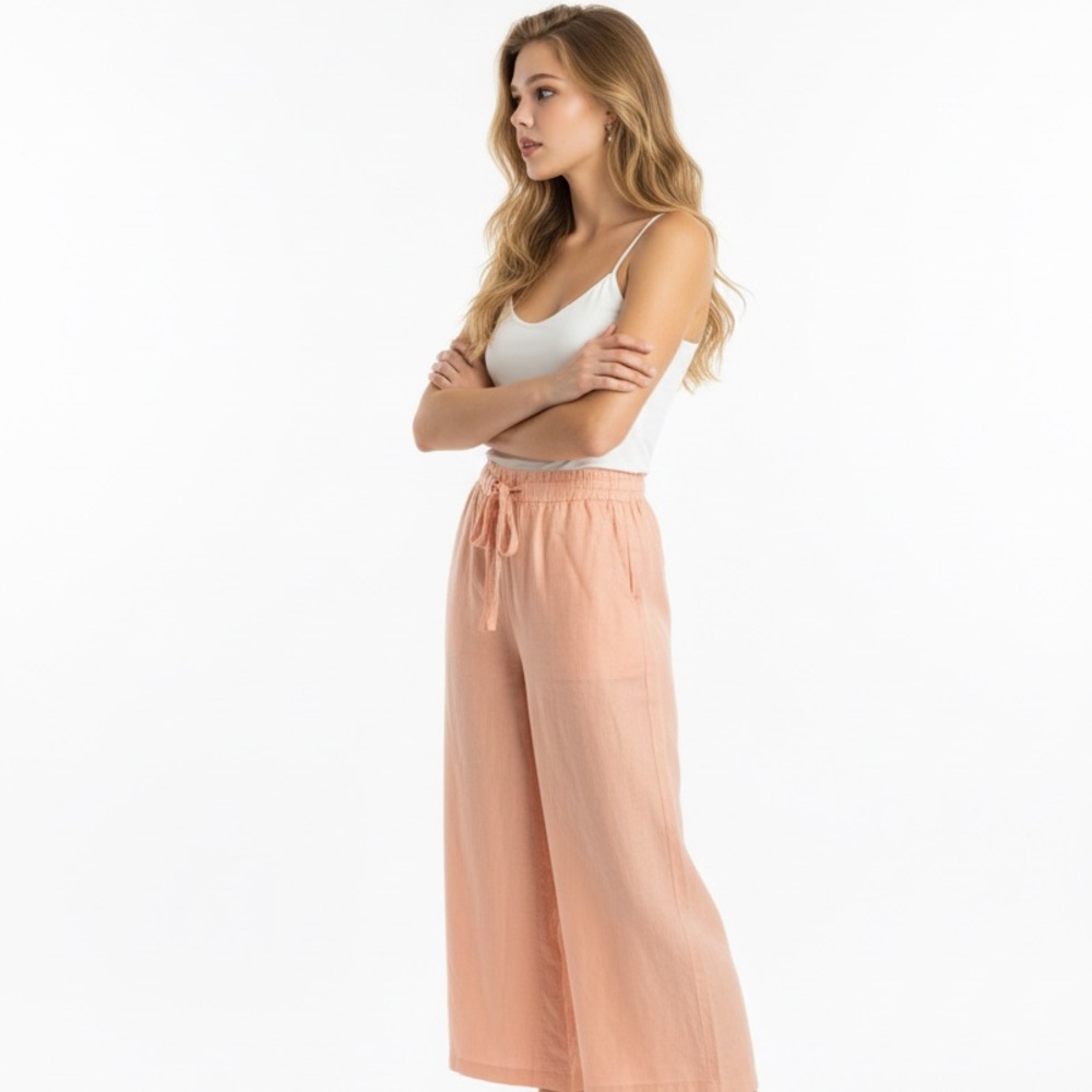 Silk‎ House 100% Silk Cropped Wide Leg Drawstring Pants Size S Peach